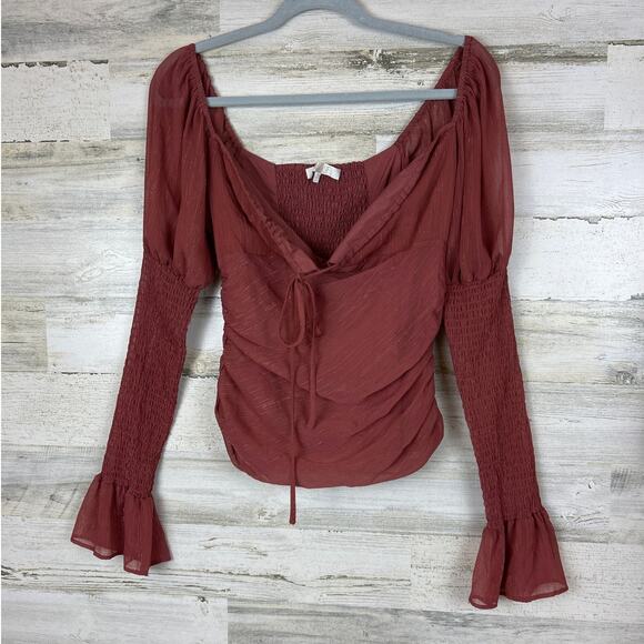 WAYF Women’s S Mauve Gold Shimmer Ruched Puff Sleeve Smocked Cropped Top Blouse - Picture 3 of 10